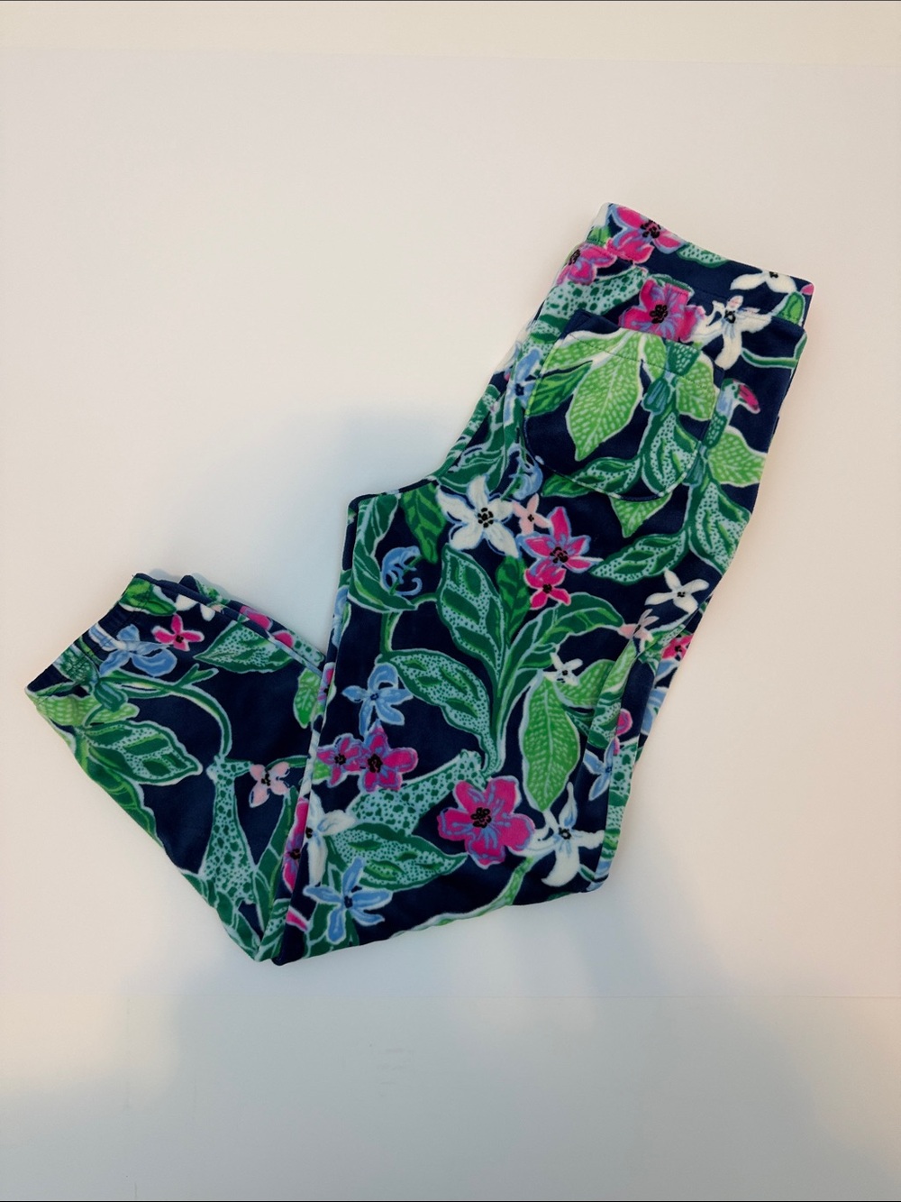 Lilly Pulitzer Girls Navy Floral Joggers with Green Leaves and Pink Accents